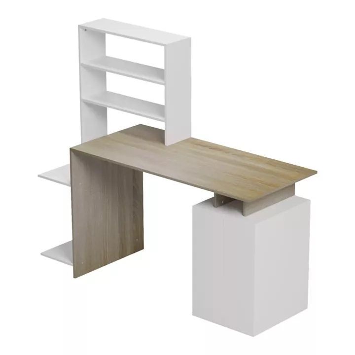 Ofiice desk with a bookshelf and a cabinet Meza pakoworld in sonoma-white color 146.3x55x128.8cm