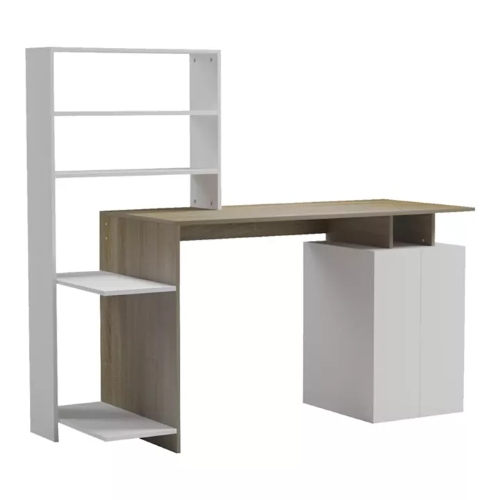 Ofiice desk with a bookshelf and a cabinet Meza pakoworld in sonoma-white color 146.3x55x128.8cm