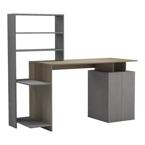 Ofiice desk with a bookshelf and a cabinet Meza pakoworld in sonoma-grey cement color 146.3x55x128.8cm