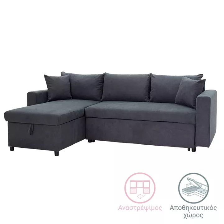 Corner sofa-bed reversible Lilian pakoworld fabric anthracite 225x148x81cm