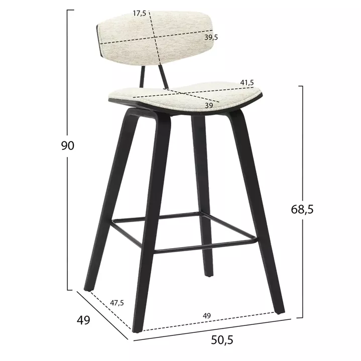 BAR STOOL MED.HEIGHT INOVER HM9984.02 METAL & PLYWOOD-ECRU FABRIC 50,5x49x90Hcm.