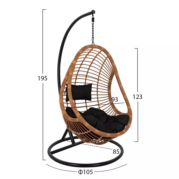 Hanging armchair nest HM5541.04 with beige wicker & black pillows Diameter 105x195cm