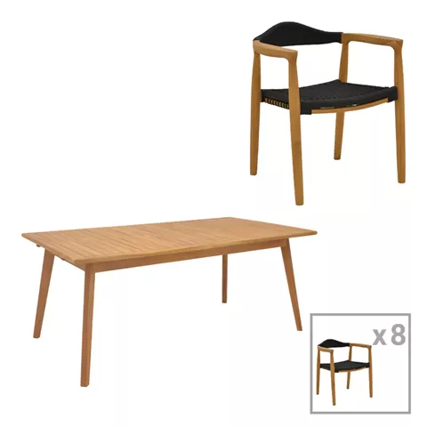 Dining set 9 pcs Ganny-Pino pakoworld teak wood in natural - black shade 180/240x100x75cm