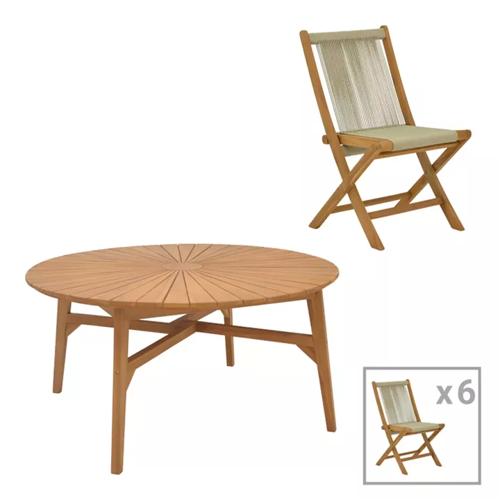 Dining table 7pcs.Banou-Colen pakoworld teak wood in natural shade Φ150x75cm