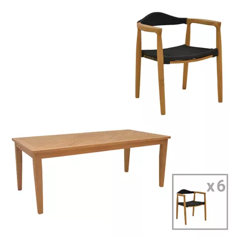 Dining set 7pcs Ganny-Mady pakoworld teak wood in natural-black shade 200x100x75cm