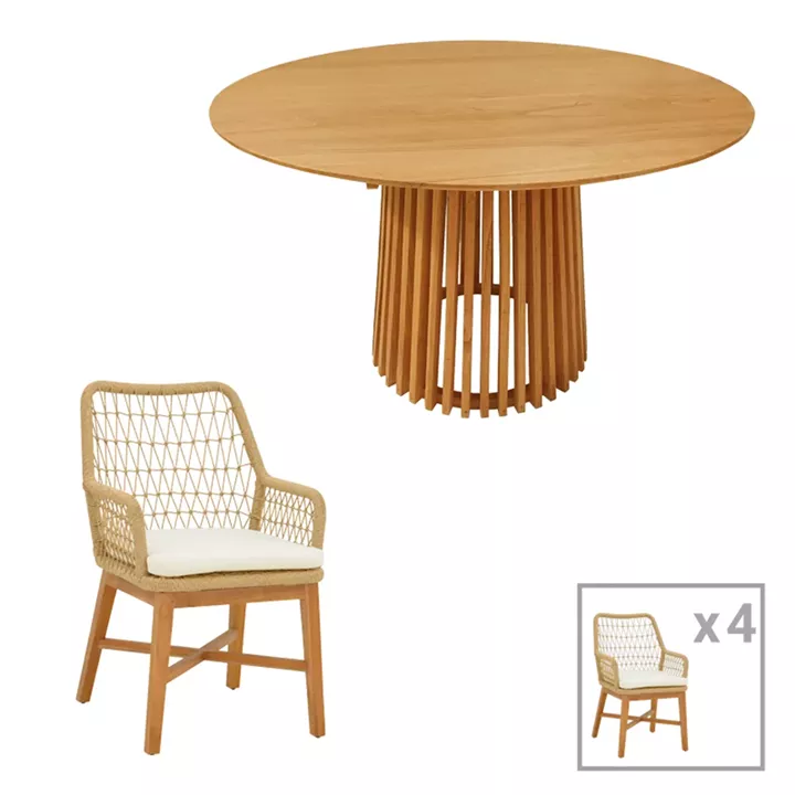 Dining set Elaiza-Kenda pakoworld 5pieces set teak wood in natural-beige shade D120x75cm
