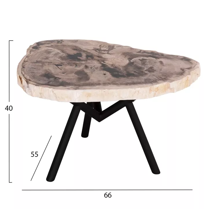SIDE TABLE SAMAN HM9931 METAL BLACK LEGS-PETRIFIED WOOD TOP 70x55x40Hcm.