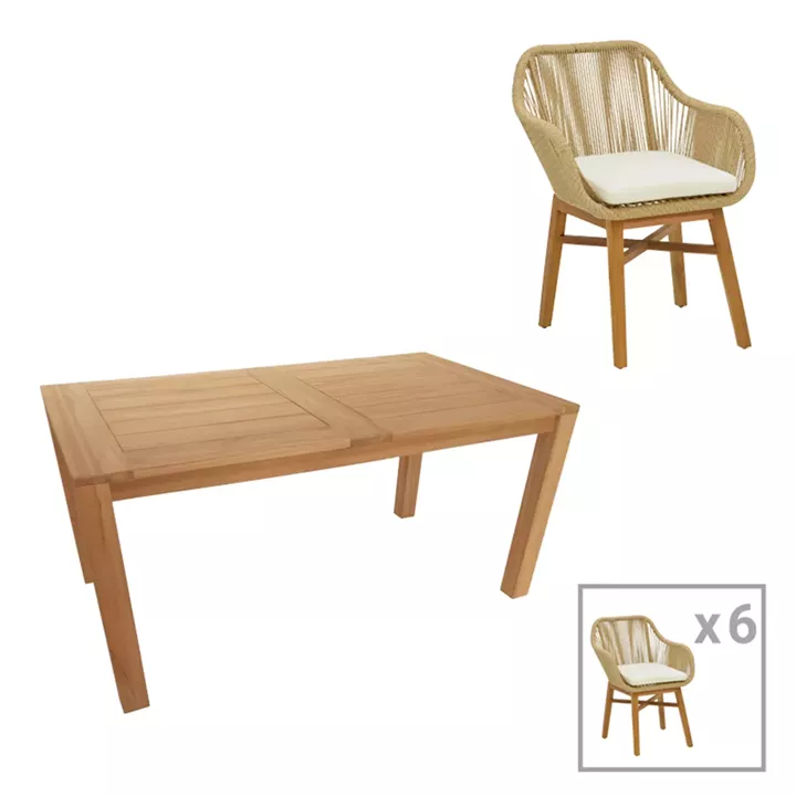 Dining table Kalie-Pablo pakoworld set of 7 pieces in natural-beige shade 160x90x76cm
