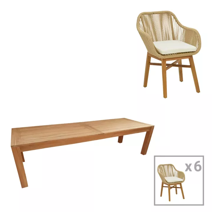 Dining table Kalie-Pablo pakoworld set of 7 pieces in natural-beige shade 240x100x76cm