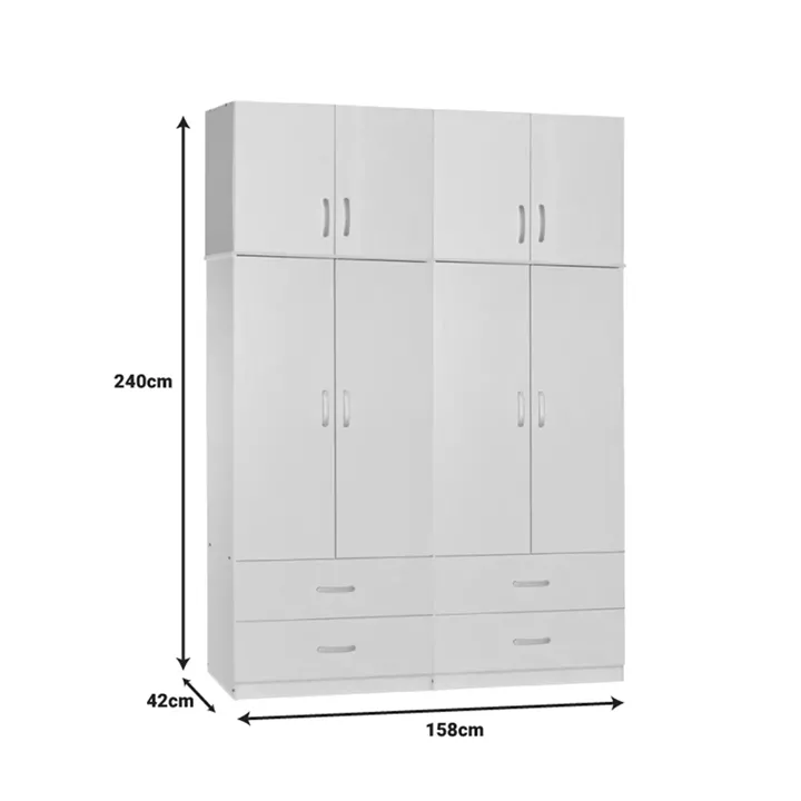 Four-leaf wardrobe with mezzanine Zelia A pakoworld with 4 drawers, white color 158x42x240cm