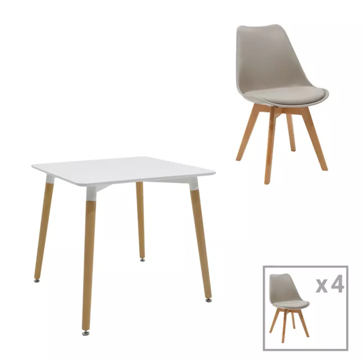 Dining table Natali-Gaston set of 5 pakoworld MDF and beech wood in gray-white-natural shade 80x80x76cm