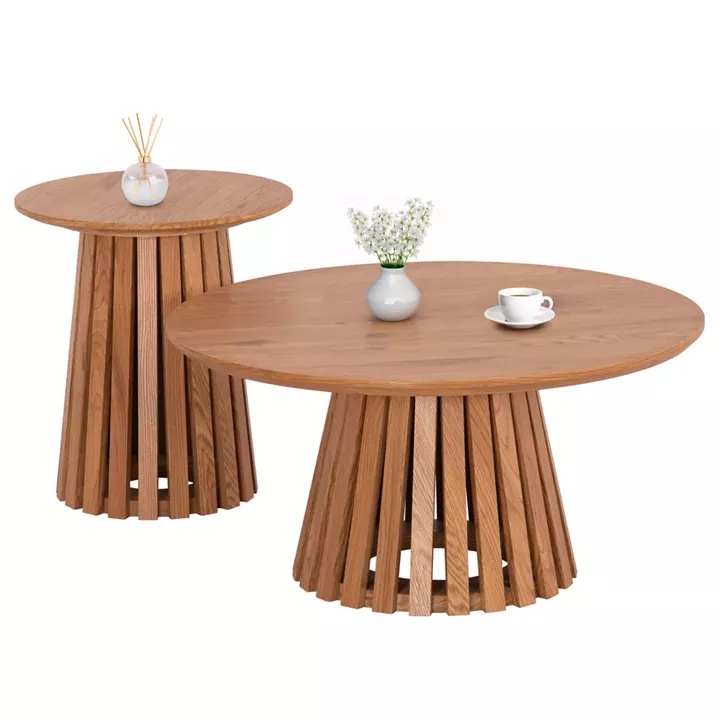 COFFEE TABLES 2PCS SET TALBERT HM21083 MDF IN NATURAL WOOD COLOR Φ80cm & Φ45cm