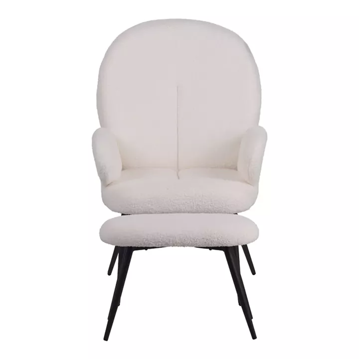 Armchair with footstool Qarar pakoworld boucle fabric in white shade with black metal legs 67.5x67.5x106cm