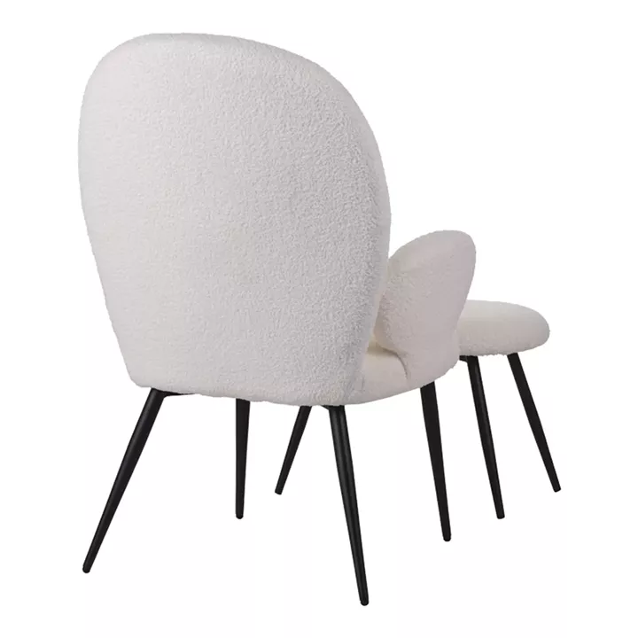 Armchair with footstool Qarar pakoworld boucle fabric in white shade with black metal legs 67.5x67.5x106cm