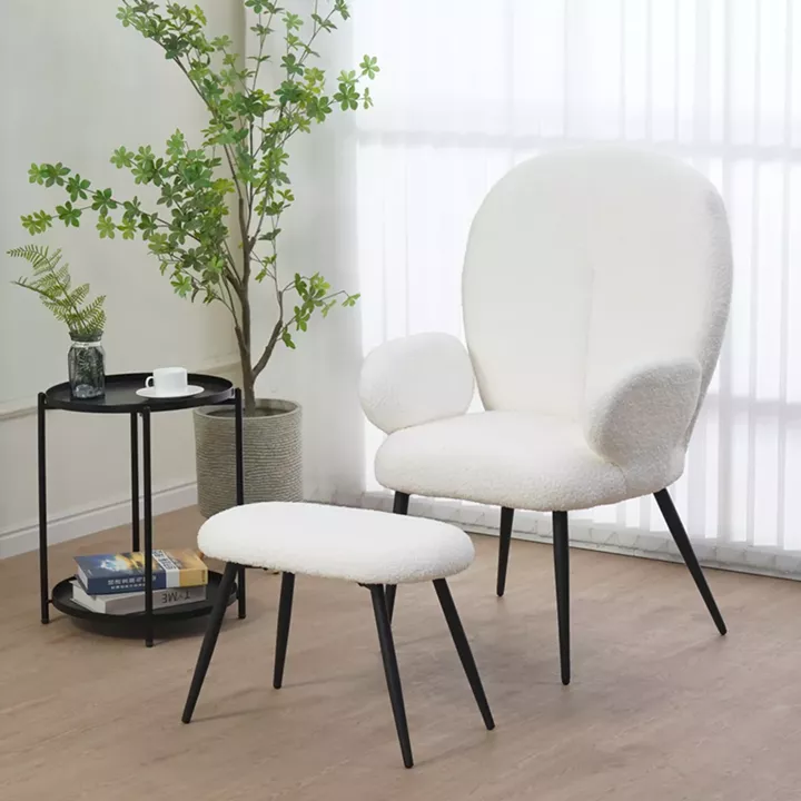 Armchair with footstool Qarar pakoworld boucle fabric in white shade with black metal legs 67.5x67.5x106cm