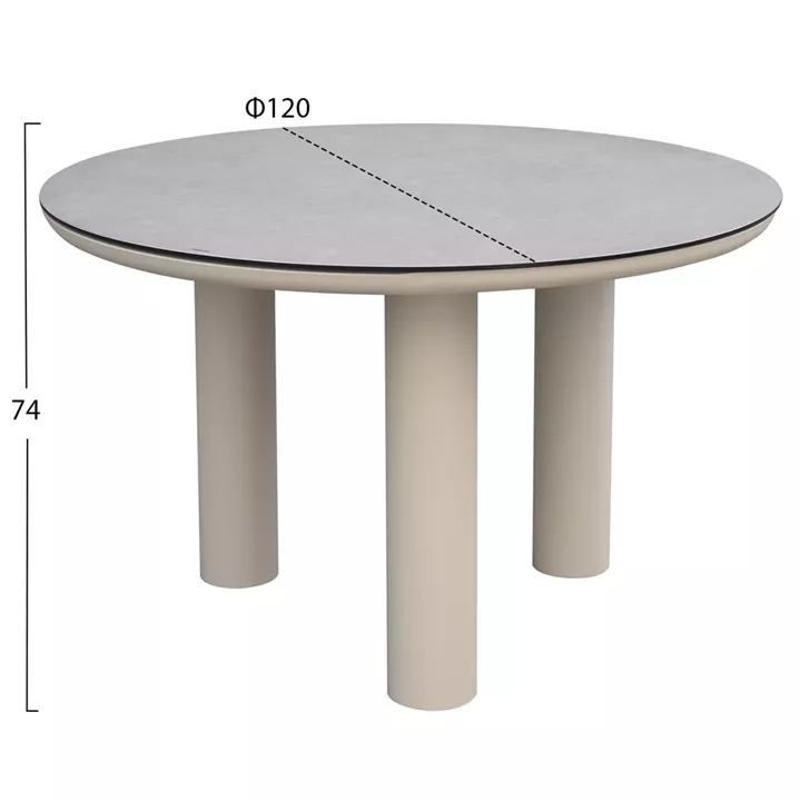 ALUMINUM ROUND TABLE DOSUN HM6201.02 CREAM WHITE FRAME-3D PRINTED GLASS TOP WITH CERAMIC LOOK Φ120cm.