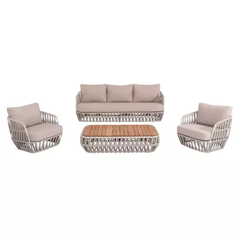 OUTDOOR LOUNGE SET 4PCS SABO HM6208.02 CREAM WHITE ALUMINUM-BEIGE P.E.ROPE & OLEFIN FABRIC-TEAK WOOD IN NATURAL