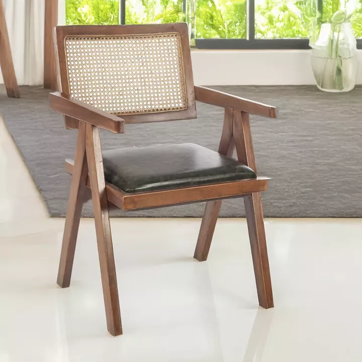 Artekko Suva Rattan Καρέκλα με Καφέ Ξύλινο Σκελετό με Ψάθα και Πράσινο Τεχνόδερμα (52x55x80)cm