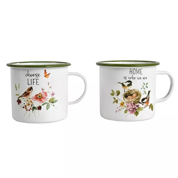 Artekko Mug Λευκές Μεταλλικές Κούπες με Πράσινα Σχέδια (14x11x10)cm 2pcs