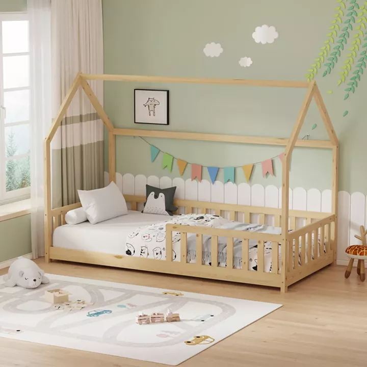 Montessori-style Callan children's bed with rails pakoworld pine wood in natural color 90x190cm