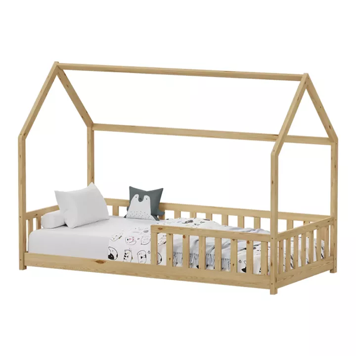 Montessori-style Callan children's bed with rails pakoworld pine wood in natural color 90x190cm