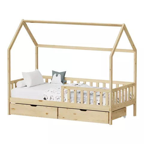Montessori style Piccolo children's bed with 2 drawers pakoworld natural shade pine wood 90x190cm