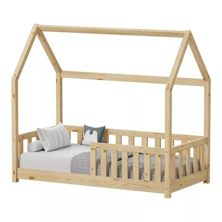 Bambie children's bed with railing Montessori type pakoworld pine wood in natural shade 70x140cm