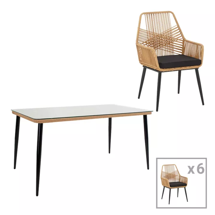 Dining table Naoki-Tanish set of 7 pieces pakoworld metal black-pe natural-glass 160x90x78cm