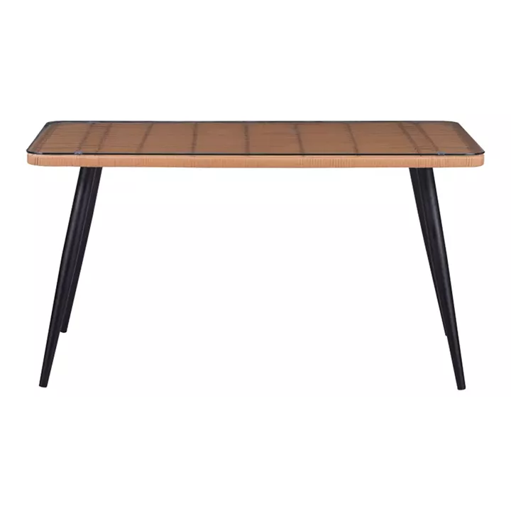 Τραπεζαρία Naoki-Tanish σετ 5 τεμ pakoworld γυάλινο- pe rattan σε φυσική απόχρωση με μαυρα πόδια 140x80x78εκ