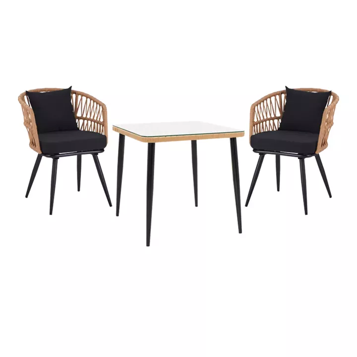 Τραπεζαρία Naoki σετ 3 τεμ pakoworld μέταλλο μαύρο-pe φυσικό-γυαλί 80x80x78εκ