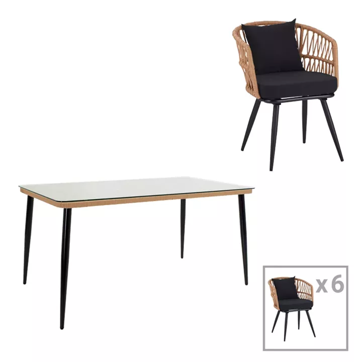 Naoki dining table set 7 pcs pakoworld metal black-pe natural-glass 160x90x78cm