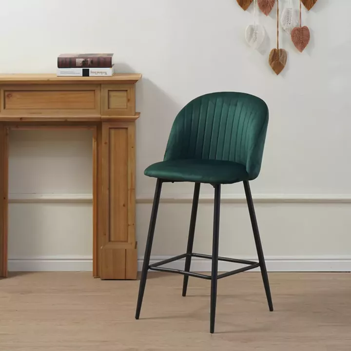 Barow pakoworld velvet bar stool in dark green shade with black metal legs 53x46.5x96.5