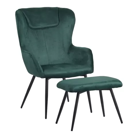 Armchair with footstool Rueda pakoworld velvet in dark green shade with black metal legs 71.5x66.5x99cm
