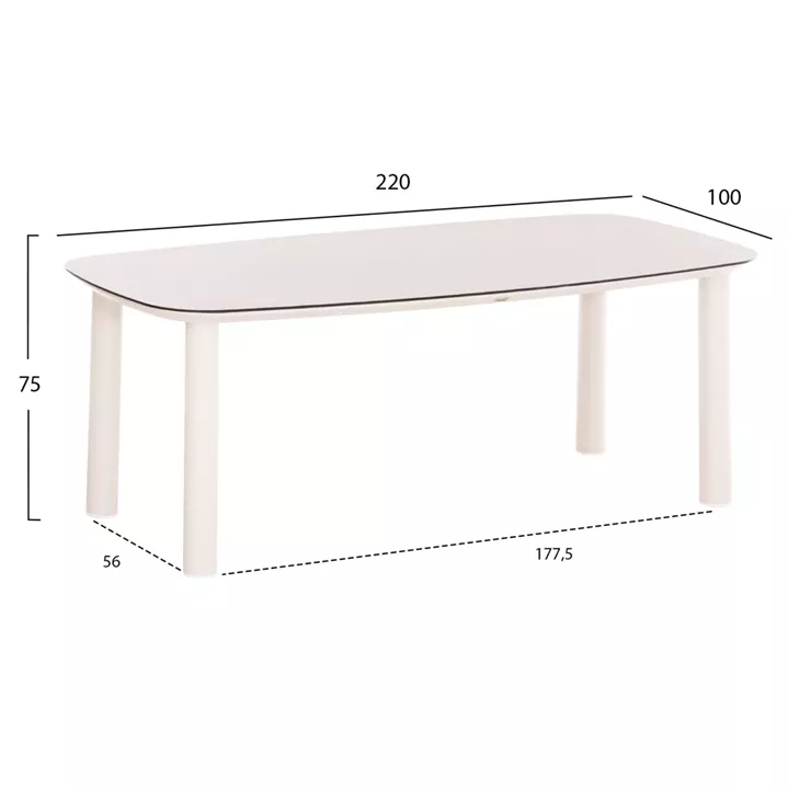 OUTDOOR DINING TABLE DOSUN HM6202.02 CREAM WHITE ALUMINUM-3D PRINT GLASS TOP IN CERAMIC LOOK 220x100x75H