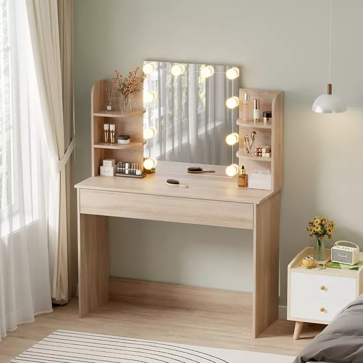 DRESSING TABLE WITH LED LIGHTS-SHELVES-DRAWERS LAURYN HM2502.01 SONAMA COLOR 101.8x40x139.5Hcm.
