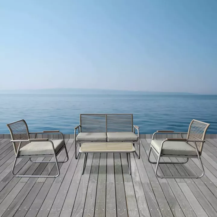 ROCCO Set Σαλόνι Κήπου 4τεμ, Μέταλλο Μπεζ, Rope Wicker Μπεζ, Μαξιλ.Μπεζ, Γυαλί Μπεζ