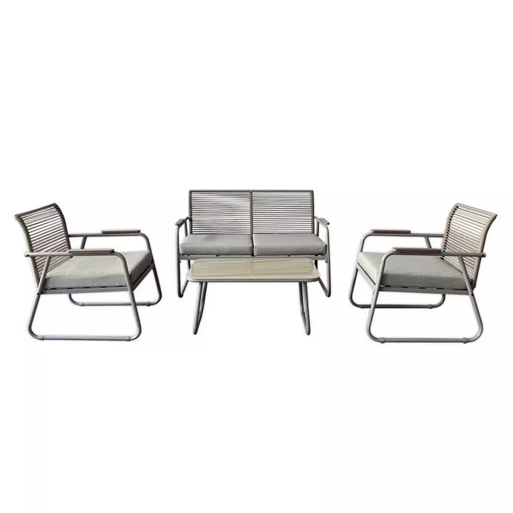 ROCCO Set Σαλόνι Κήπου 4τεμ, Μέταλλο Μπεζ, Rope Wicker Μπεζ, Μαξιλ.Μπεζ, Γυαλί Μπεζ