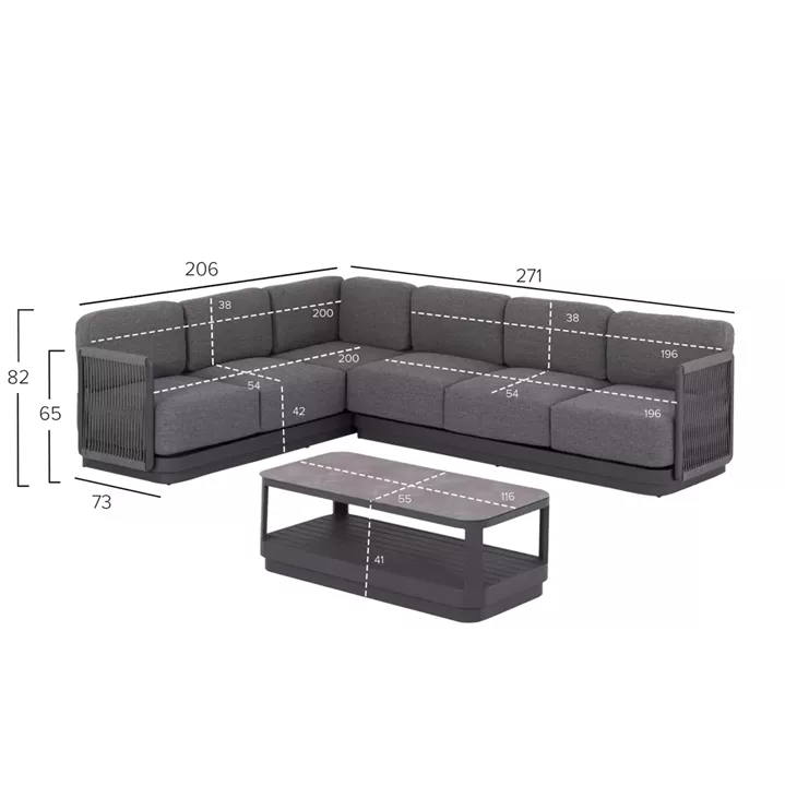 OUTDOOR CORNER LOUNGE SET 3PCS SERIES ELYSIA SM6187.01 DARK GREY ALUMINUM-ROPE-P.E.FABRIC