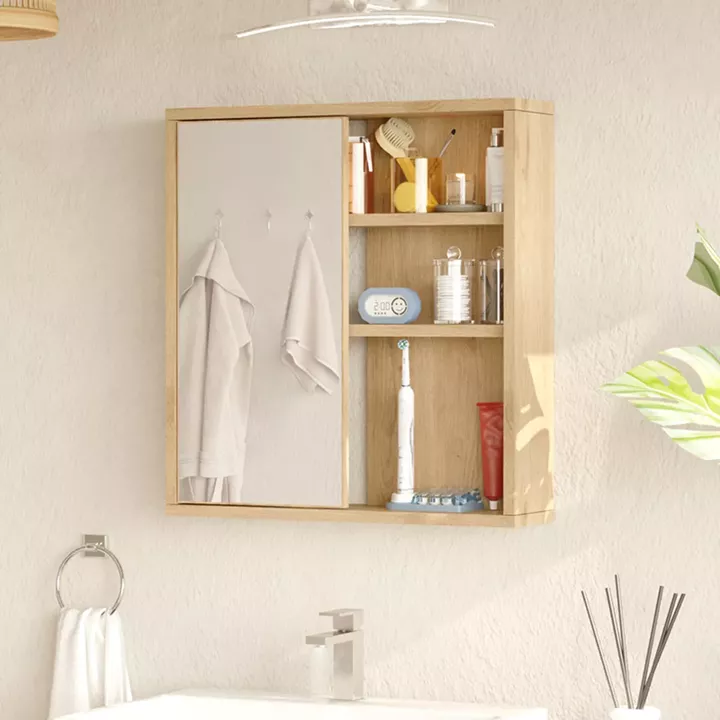 Bagno bathroom cabinet with mirror pakoworld in natural shade 60x14.5x63.6cm