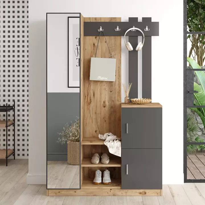Saron entrance furniture with pakoworld mirror in natural-anthracite shade 113x35x180cm