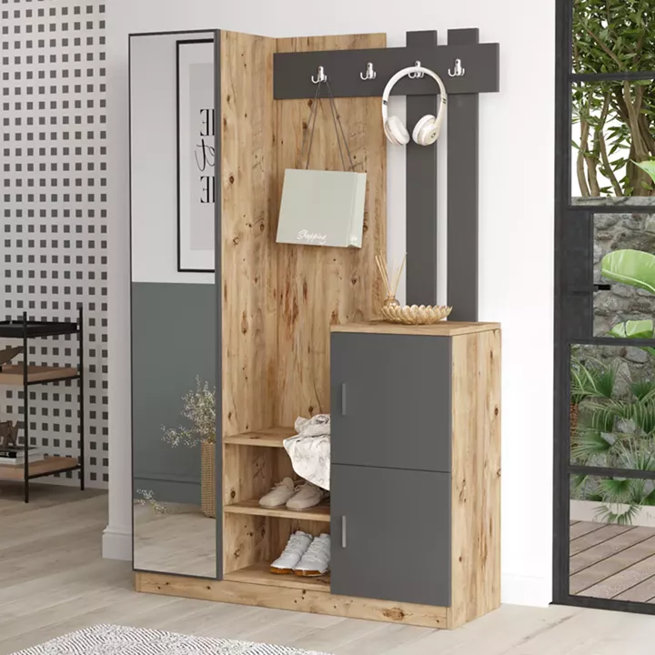 Saron entrance furniture with pakoworld mirror in natural-anthracite shade 113x35x180cm