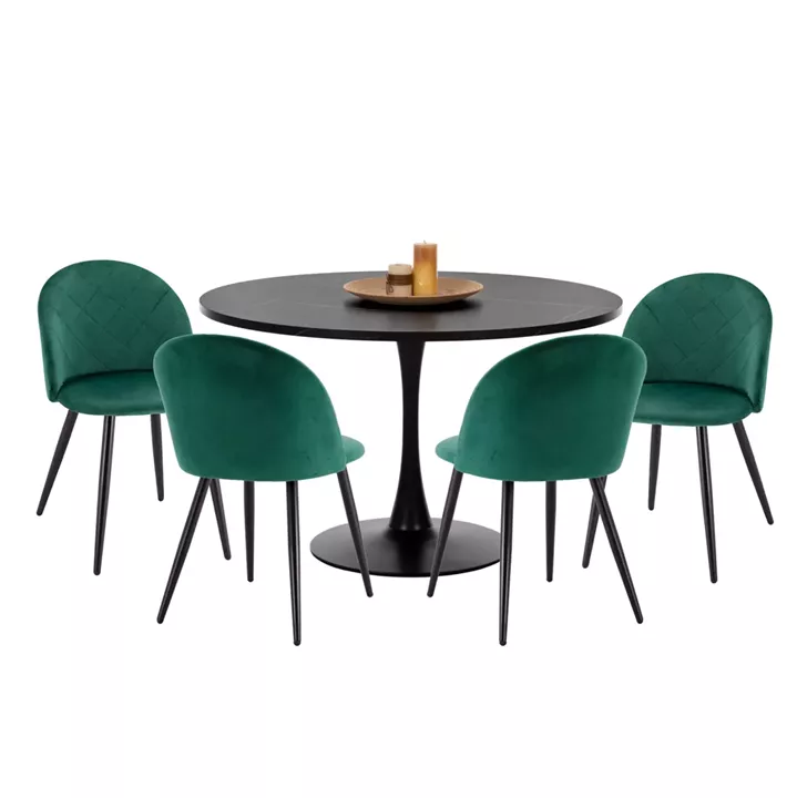 DINING SET 5PCS ROLLO HM21113 ROUND TABLE-4 DINING CHAIRS WITH CYPRESS GREEN VELVET