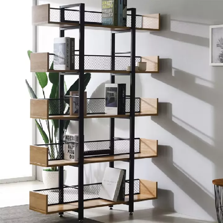Βιβλιοθήκη Musha pakoworld μέταλλο μαύρο με oak απόχρωση 120x22x185εκ