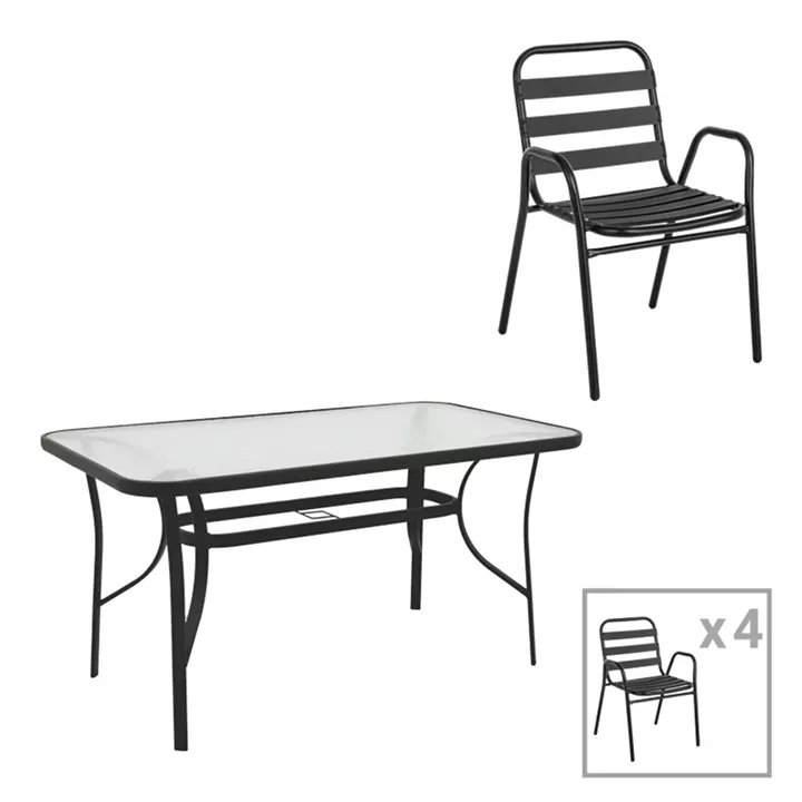 Dining table Sussie-Ensure pakoworld 5pcs metal-glass in black color 140x80x70cm