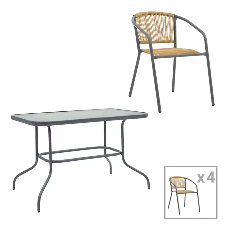 Dining table Valor-Lindaria pakoworld set of 5 pieces anthracite metal-glass-pe rattan in natural shade 110x60x70cm