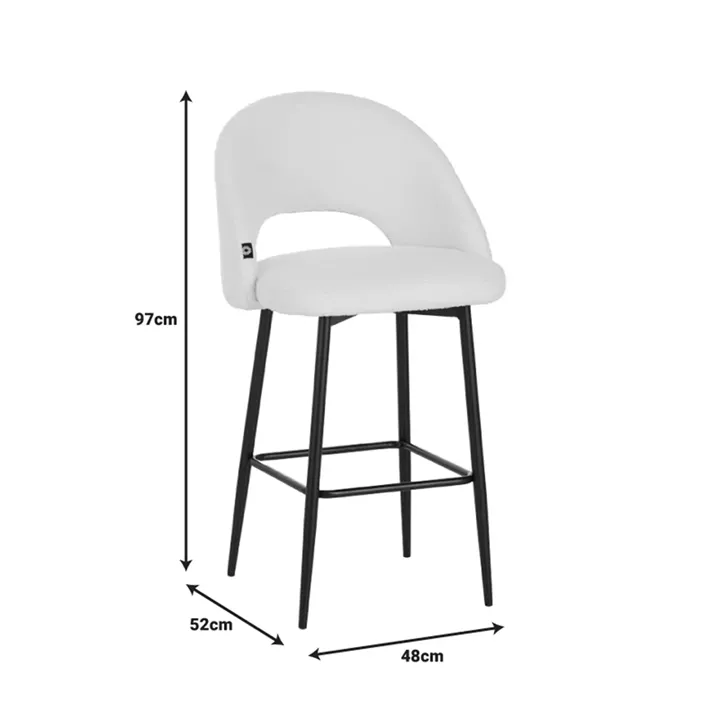 Masebo pakoworld bar stool bouclé in white color with black metallic legs 48x52x97cm