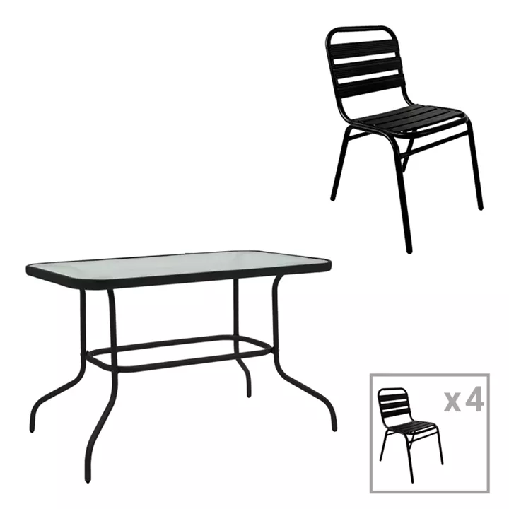 Τραπεζαρία Valor-Sussie pakoworld σετ 5τεμ μέταλλο μαύρο-γυαλί  110x60x70εκ