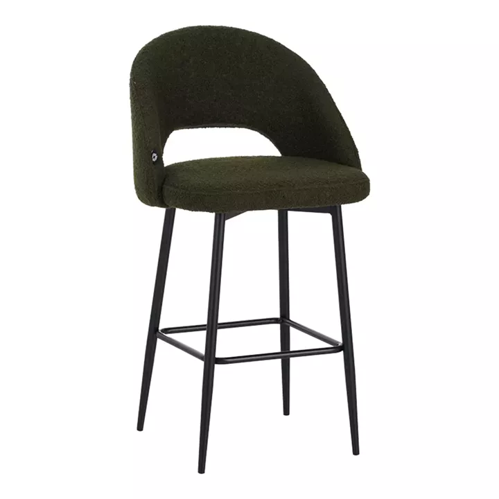 Masebo pakoworld bar stool bouclé in dark green color with black metallic legs 48x52x97cm
