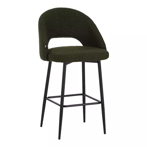Masebo pakoworld bar stool bouclé in dark green color with black metallic legs 48x52x97cm
