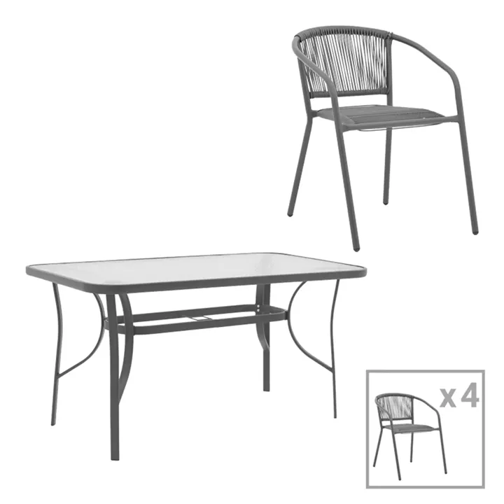 Dining set 5pcs Ensure-Lindaria pakoworld metal-glass dark grey 140x80x70cm